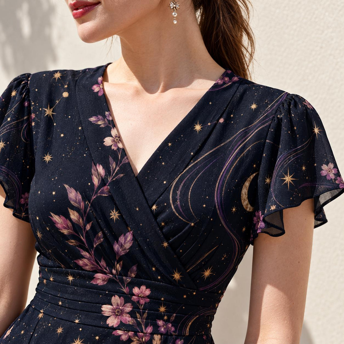 Celestial Dress, Dark Midnight Floral Midi, V Neck Flutter Sleeves - editorial photo 1
