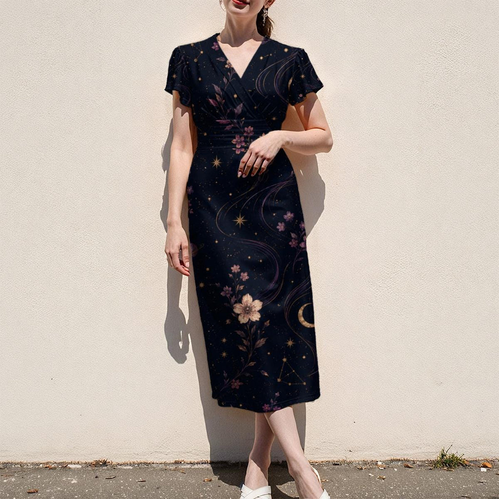 Celestial Dress, Dark Midnight Floral Midi, V Neck Flutter Sleeves - product gallery photo 10