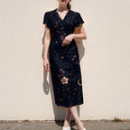 Celestial Dress, Dark Midnight Floral Midi, V Neck Flutter Sleeves - product gallery photo 10