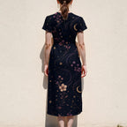 Celestial Dress, Dark Midnight Floral Midi, V Neck Flutter Sleeves - product gallery photo 11