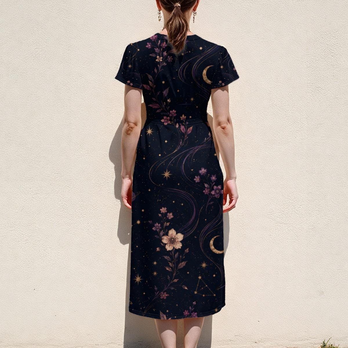 Celestial Dress, Dark Midnight Floral Midi, V Neck Flutter Sleeves - product gallery photo 11