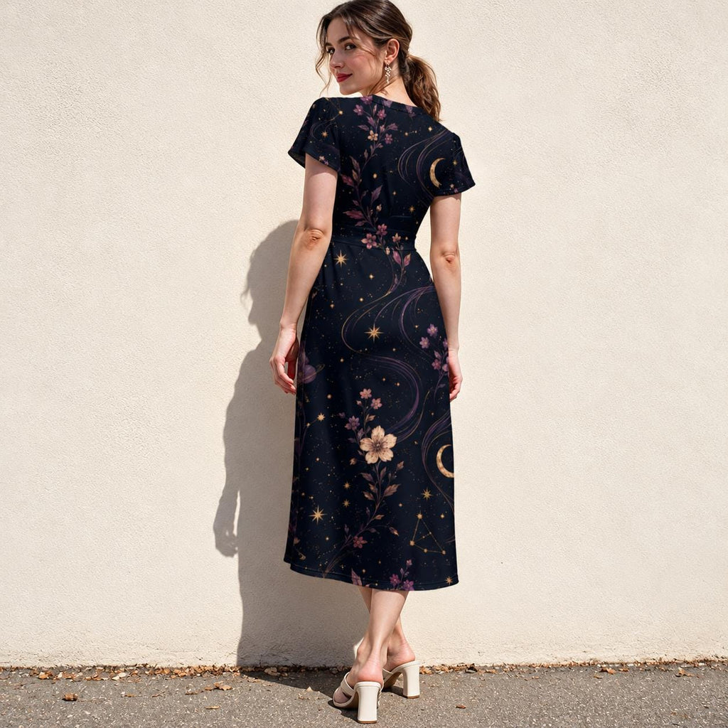 Celestial Dress, Dark Midnight Floral Midi, V Neck Flutter Sleeves - editorial photo 2