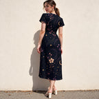 Celestial Dress, Dark Midnight Floral Midi, V Neck Flutter Sleeves - editorial photo 2
