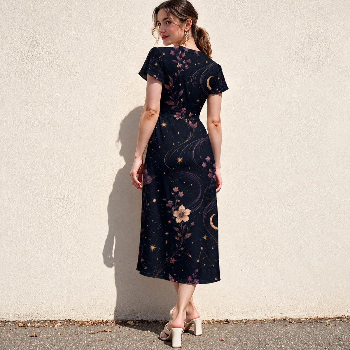 Celestial Dress, Dark Midnight Floral Midi, V Neck Flutter Sleeves - editorial photo 2
