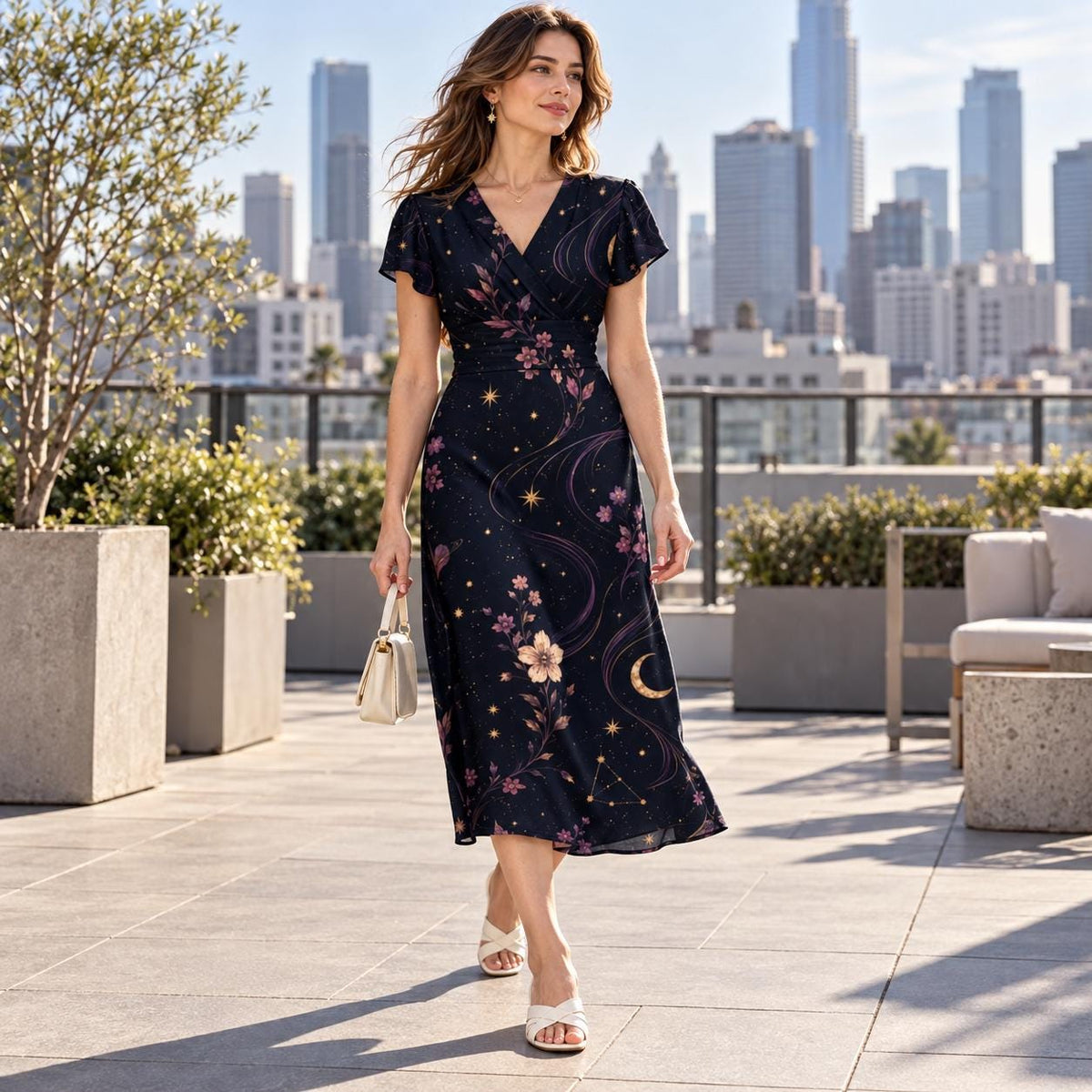 Celestial Dress, Dark Midnight Floral Midi, V Neck Flutter Sleeves - editorial photo 3