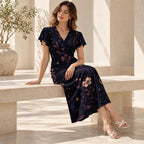 Celestial Dress, Dark Midnight Floral Midi, V Neck Flutter Sleeves - editorial photo 4