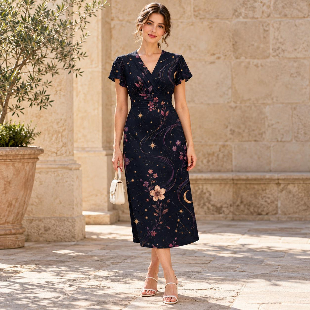 Celestial Dress, Dark Midnight Floral Midi, V Neck Flutter Sleeves - editorial photo 5