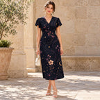 Celestial Dress, Dark Midnight Floral Midi, V Neck Flutter Sleeves - editorial photo 5