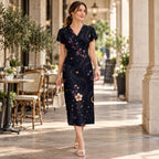 Celestial Dress, Dark Midnight Floral Midi, V Neck Flutter Sleeves - editorial photo 7
