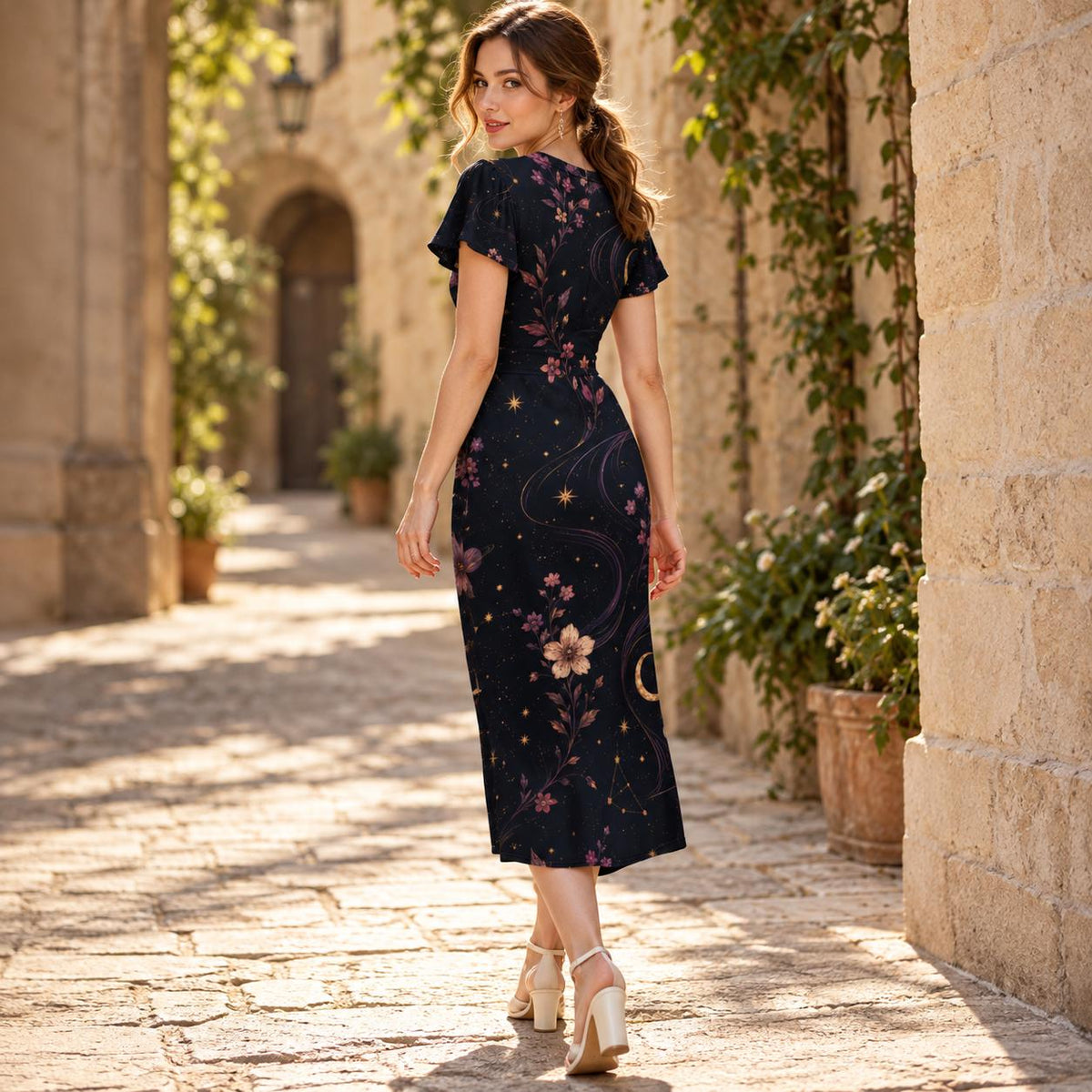 Celestial Dress, Dark Midnight Floral Midi, V Neck Flutter Sleeves - product gallery photo 8