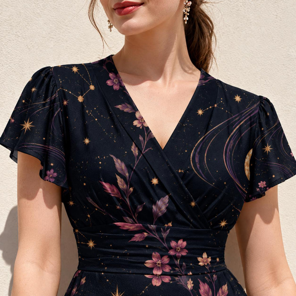 Celestial Dress, Dark Midnight Floral Midi, V Neck Flutter Sleeves - product gallery photo 9