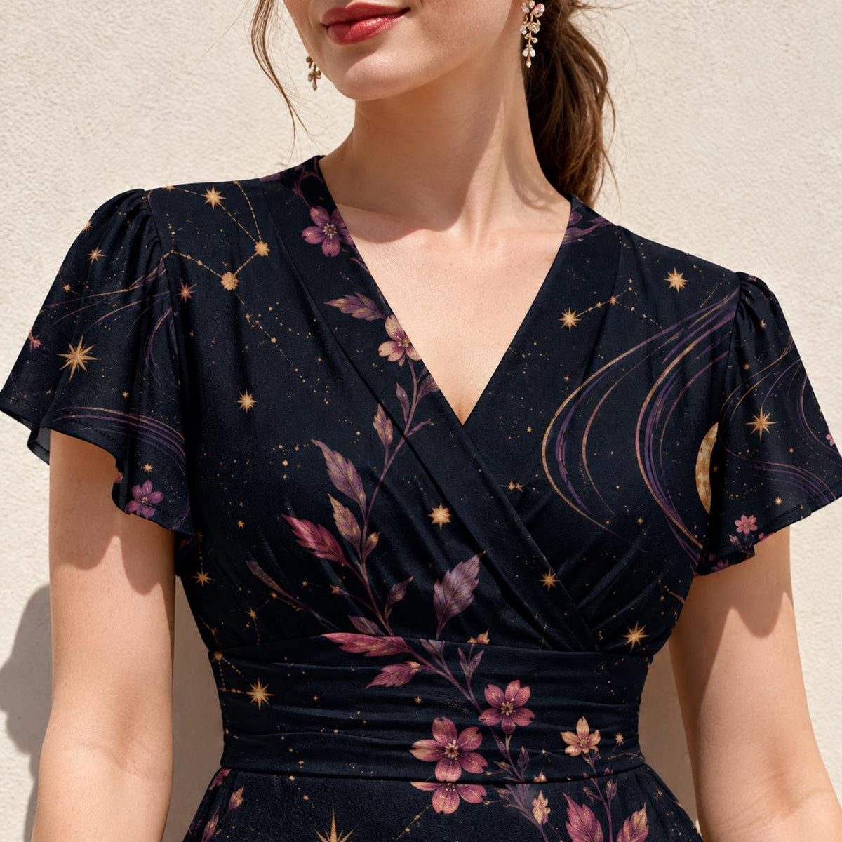 Celestial Dress, Dark Midnight Floral Midi, V Neck Flutter Sleeves - product gallery photo 9