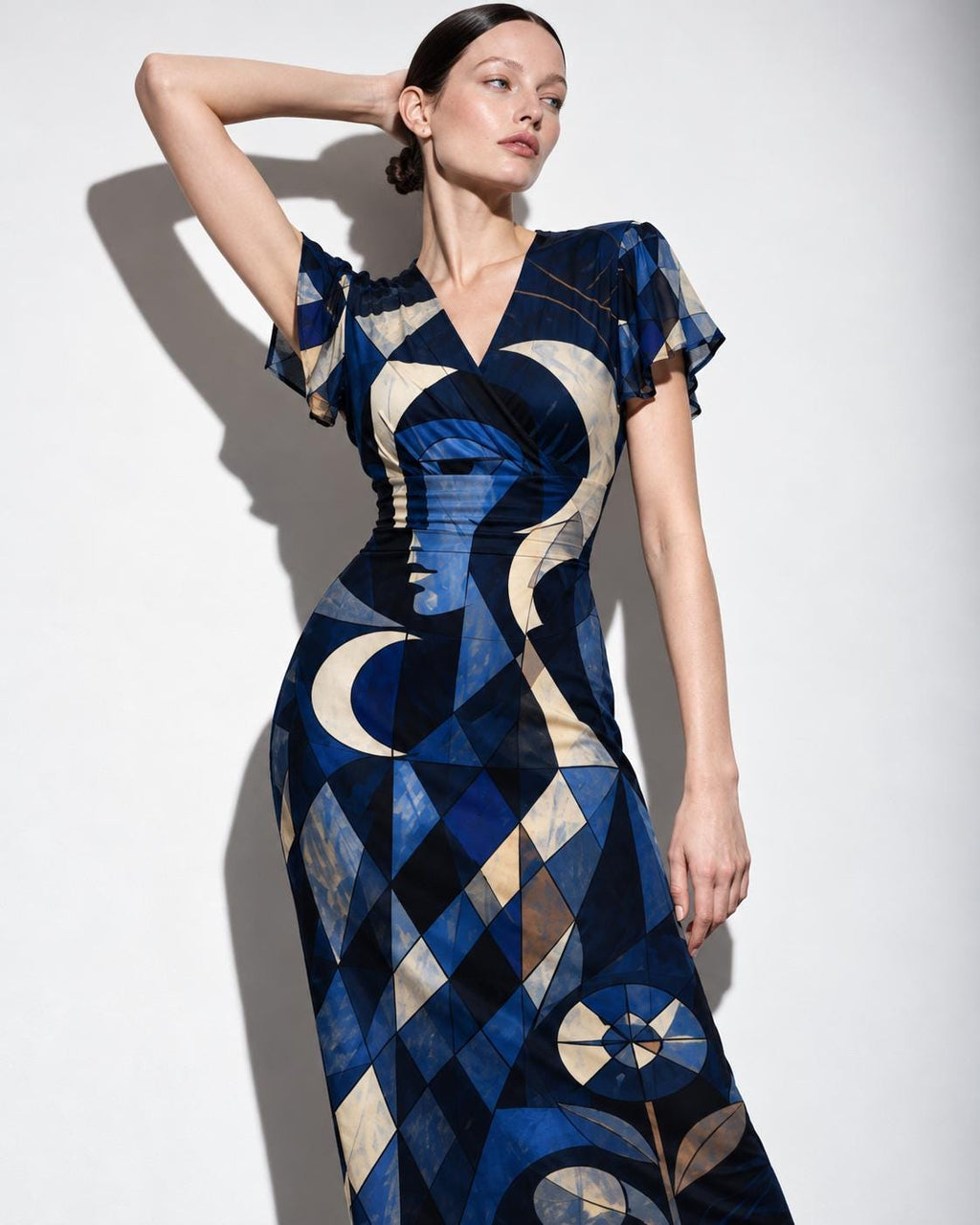 Blue Geometric Midi Dress, Navy Art Deco Abstract Print, V Neck Flutter Sleeves - editorial photo 1