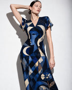 Blue Geometric Midi Dress, Navy Art Deco Abstract Print, V Neck Flutter Sleeves - editorial photo 1
