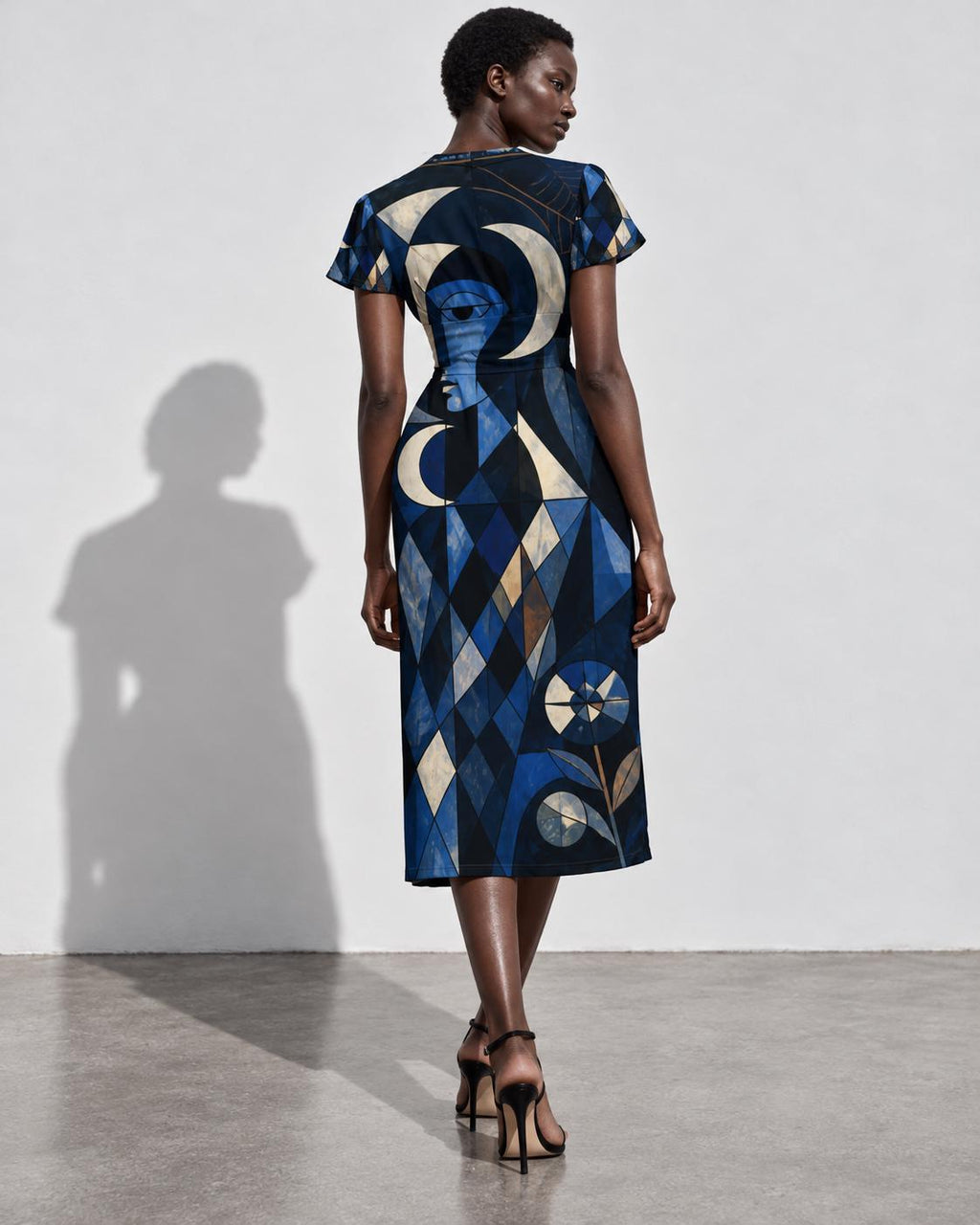 Blue Geometric Midi Dress, Navy Art Deco Abstract Print, V Neck Flutter Sleeves - editorial photo 2