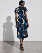 Blue Geometric Midi Dress, Navy Art Deco Abstract Print, V Neck Flutter Sleeves - editorial photo 2