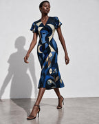 Blue Geometric Midi Dress, Navy Art Deco Abstract Print, V Neck Flutter Sleeves - editorial photo 3