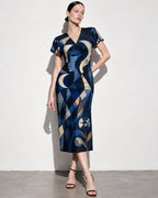 Blue Geometric Midi Dress, Navy Art Deco Abstract Print, V Neck Flutter Sleeves - editorial photo 4