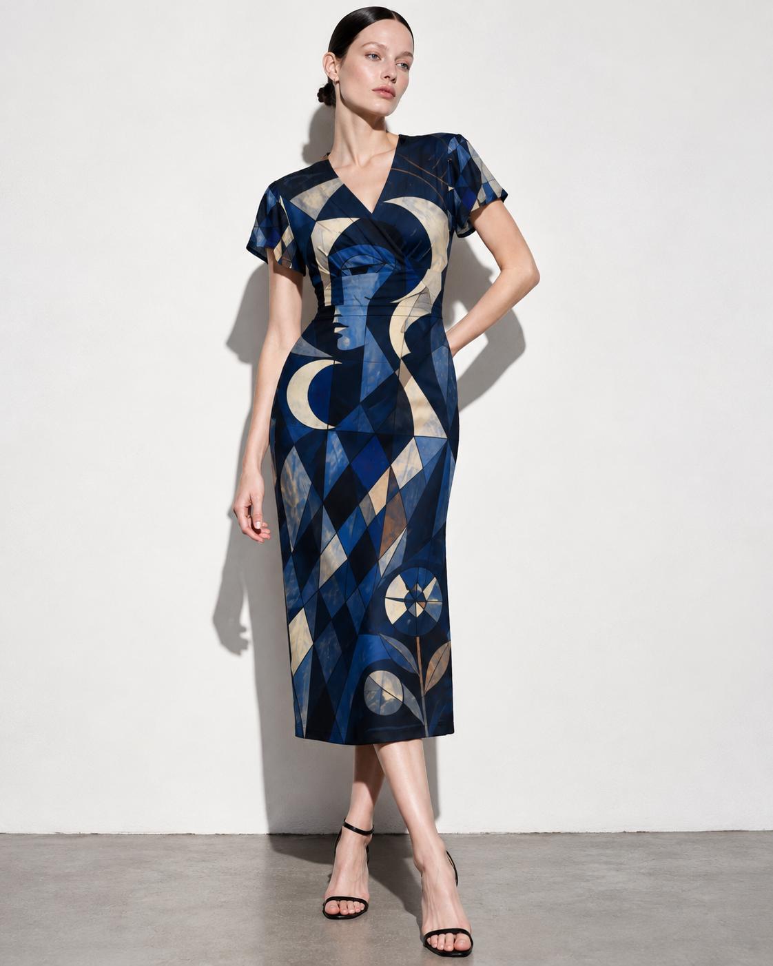 Blue Geometric Midi Dress, Navy Art Deco Abstract Print, V Neck Flutter Sleeves - editorial photo 4