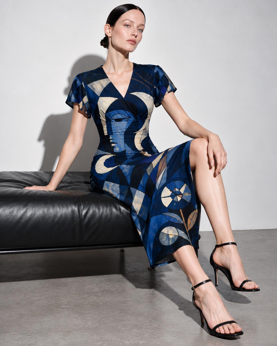 Blue Geometric Midi Dress, Navy Art Deco Abstract Print, V Neck Flutter Sleeves - editorial photo 5