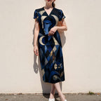 Blue Geometric Midi Dress, Navy Art Deco Abstract Print, V Neck Flutter Sleeves - editorial photo 6