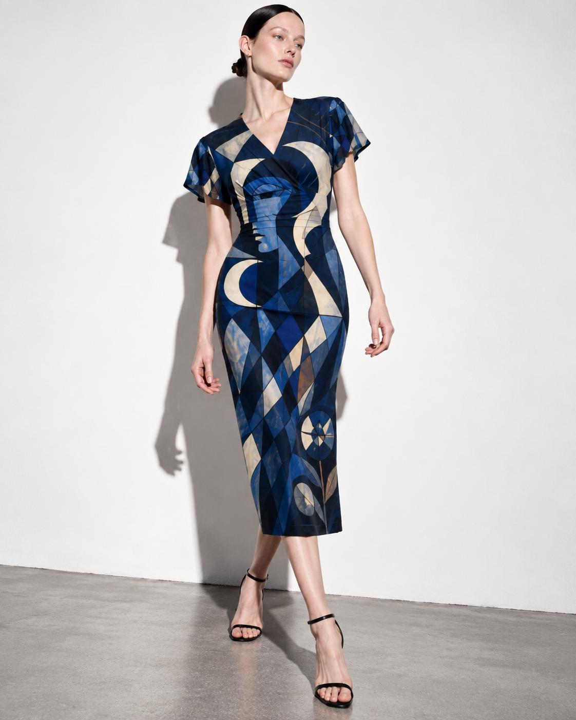 Blue Geometric Midi Dress, Navy Art Deco Abstract Print, V Neck Flutter Sleeves - editorial photo 7