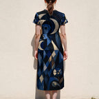 Blue Geometric Midi Dress, Navy Art Deco Abstract Print, V Neck Flutter Sleeves - product gallery photo 8