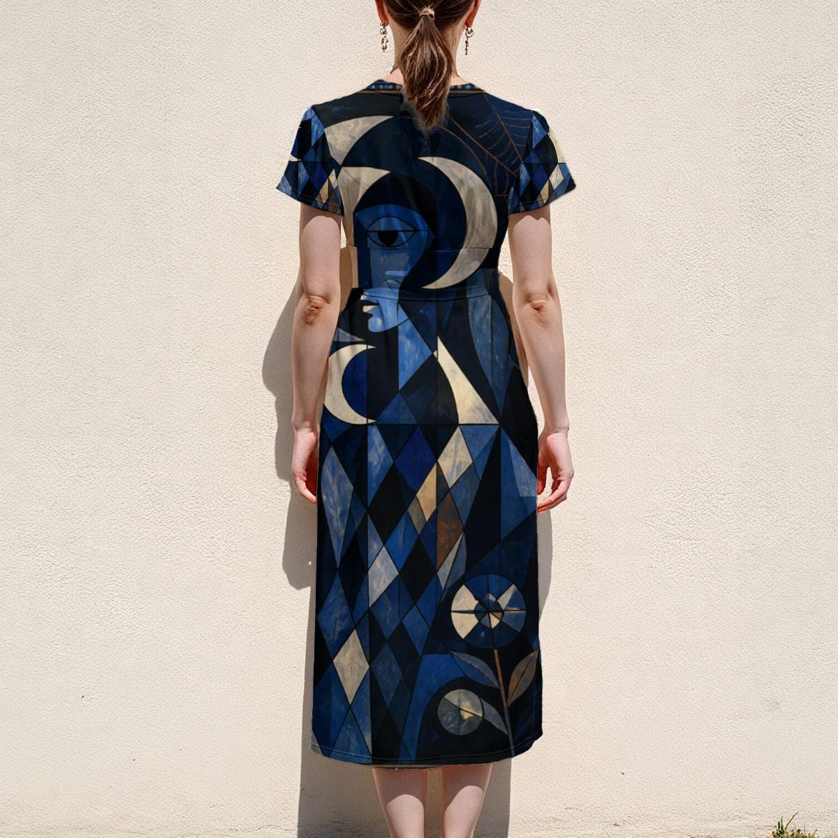 Blue Geometric Midi Dress, Navy Art Deco Abstract Print, V Neck Flutter Sleeves - product gallery photo 8