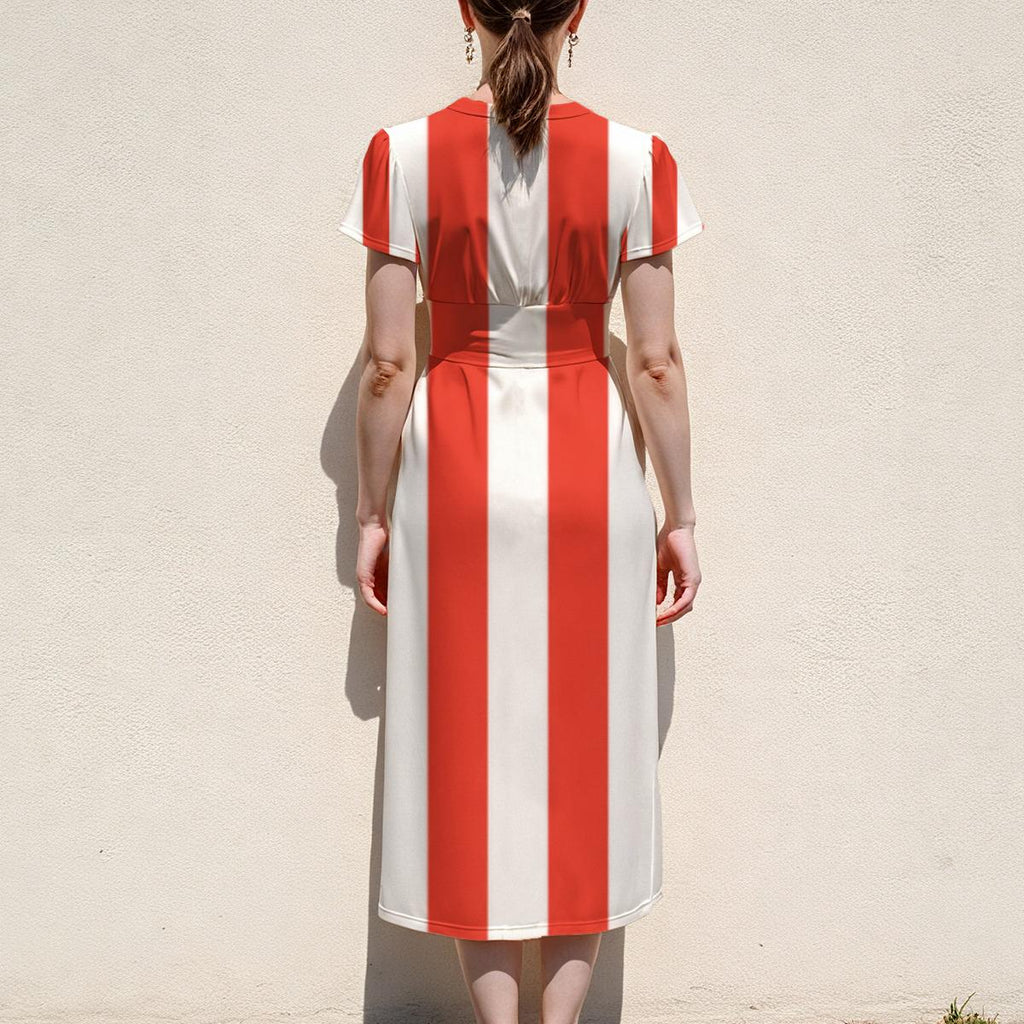 Red and White Striped Midi Dress, V Neck Flutter Sleeves - editorial photo 2