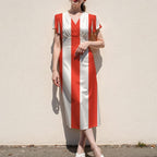 Red and White Striped Midi Dress, V Neck Flutter Sleeves - editorial photo 5