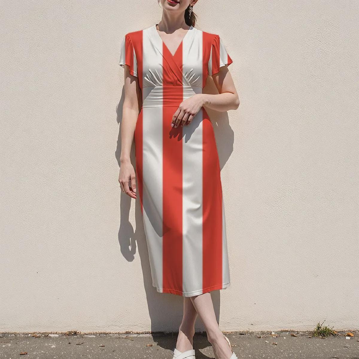 Red and White Striped Midi Dress, V Neck Flutter Sleeves - editorial photo 6