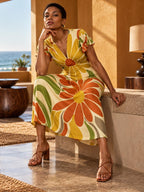 70s Flower Midi Dress, Orange Yellow Floral, V Neck Flutter Sleeves - editorial photo 1