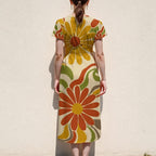70s Flower Midi Dress, Orange Yellow Floral, V Neck Flutter Sleeves - editorial photo 2