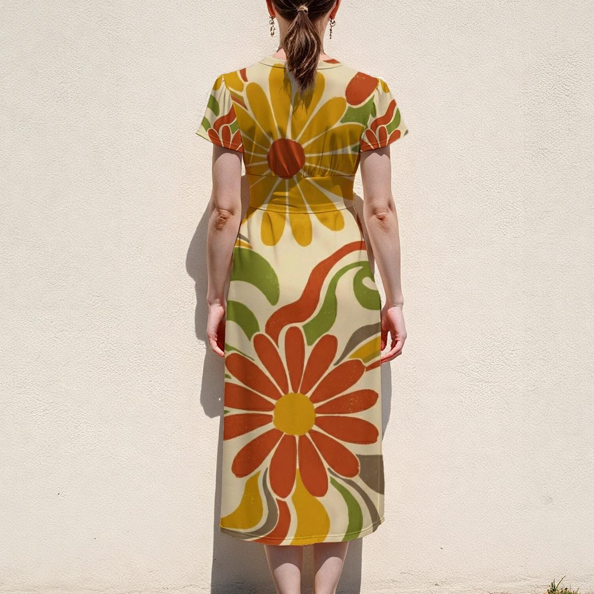 70s Flower Midi Dress, Orange Yellow Floral, V Neck Flutter Sleeves - editorial photo 2