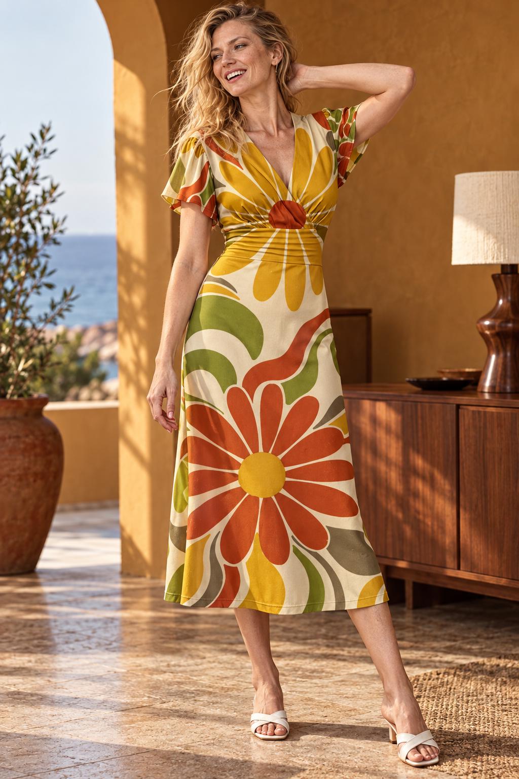 70s Flower Midi Dress, Orange Yellow Floral, V Neck Flutter Sleeves - editorial photo 3