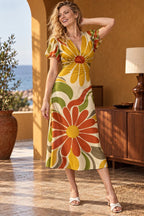 70s Flower Midi Dress, Orange Yellow Floral, V Neck Flutter Sleeves - editorial photo 3