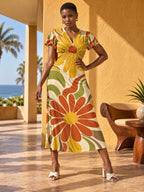 70s Flower Midi Dress, Orange Yellow Floral, V Neck Flutter Sleeves - editorial photo 4