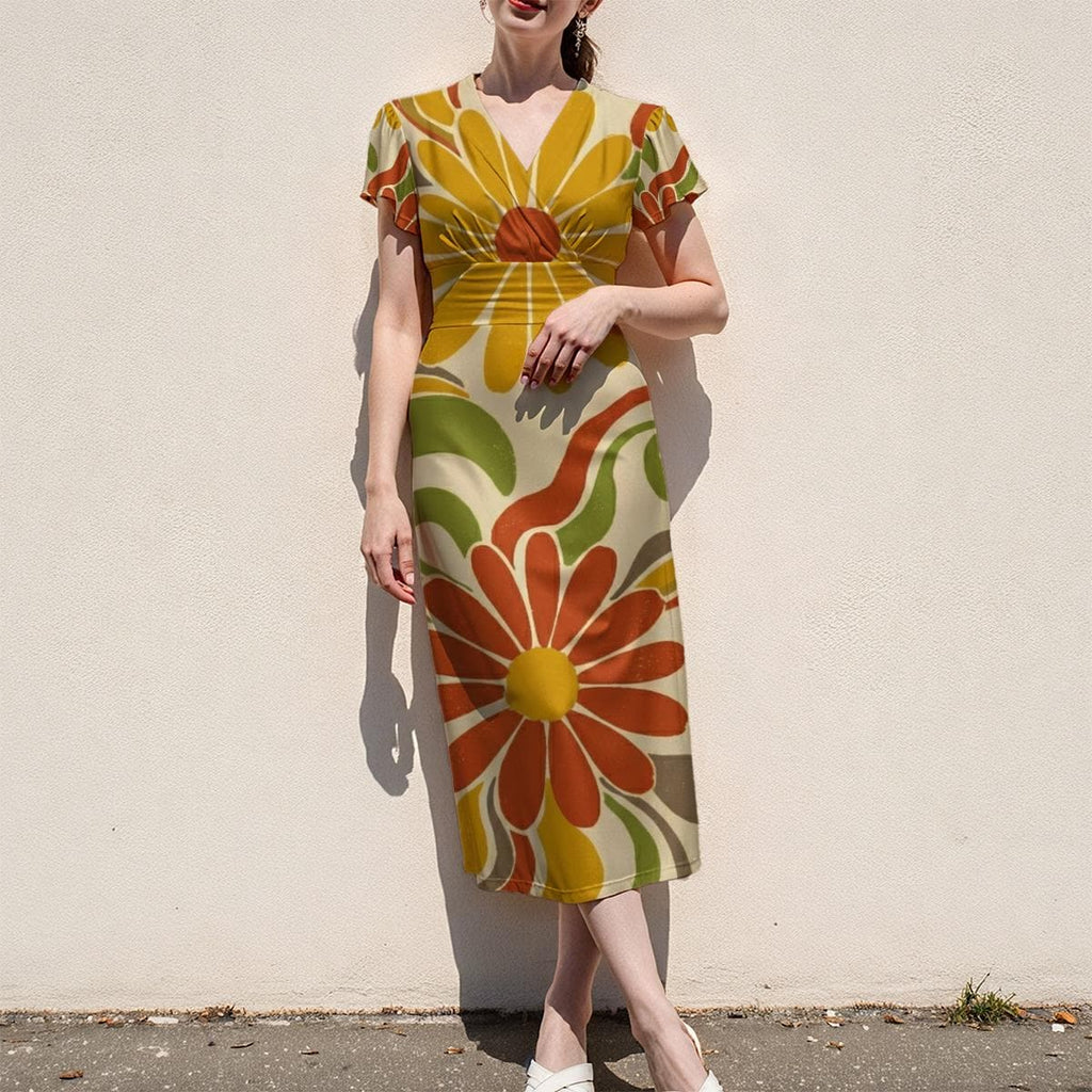 70s Flower Midi Dress, Orange Yellow Floral, V Neck Flutter Sleeves - editorial photo 7