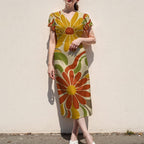 70s Flower Midi Dress, Orange Yellow Floral, V Neck Flutter Sleeves - editorial photo 7