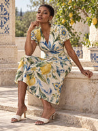 Blue Floral Lemon Midi Dress, V Neck with Flutter Sleeves - editorial photo 1