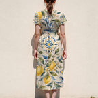 Blue Floral Lemon Midi Dress, V Neck with Flutter Sleeves - editorial photo 2
