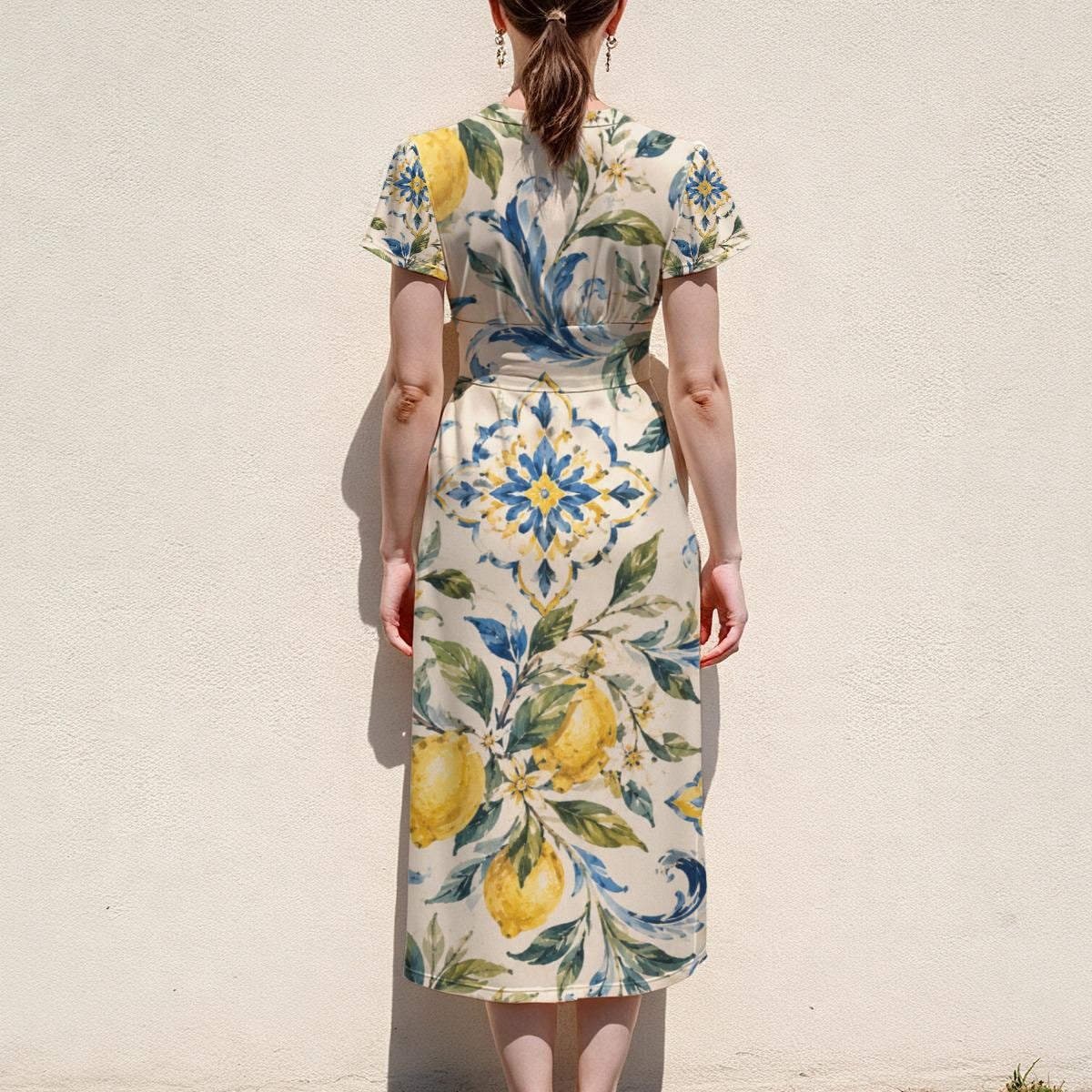 Blue Floral Lemon Midi Dress, V Neck with Flutter Sleeves - editorial photo 2