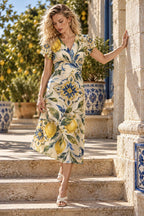 Blue Floral Lemon Midi Dress, V Neck with Flutter Sleeves - editorial photo 3