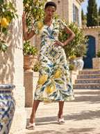 Blue Floral Lemon Midi Dress, V Neck with Flutter Sleeves - editorial photo 4