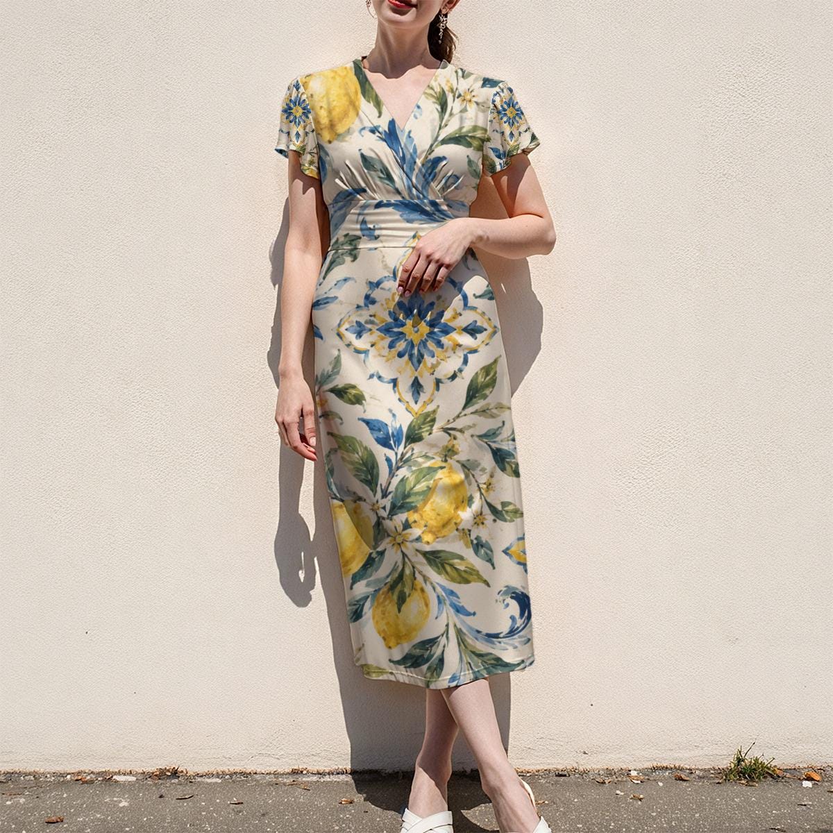 Blue Floral Lemon Midi Dress, V Neck with Flutter Sleeves - editorial photo 7