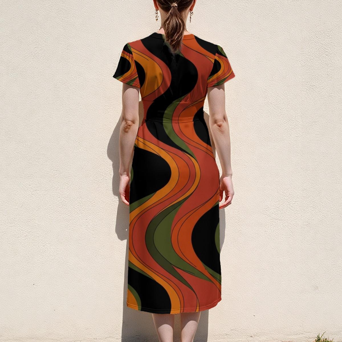 70s Swirl Midi Dress, Orange and Black, V Neck Flutter Sleeves - editorial photo 2