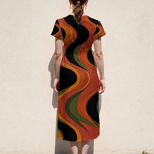 70s Swirl Midi Dress, Orange and Black, V Neck Flutter Sleeves - editorial photo 2
