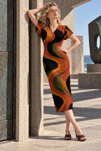 70s Swirl Midi Dress, Orange and Black, V Neck Flutter Sleeves - editorial photo 3
