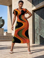 70s Swirl Midi Dress, Orange and Black, V Neck Flutter Sleeves - editorial photo 4