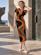 70s Swirl Midi Dress, Orange and Black, V Neck Flutter Sleeves - editorial photo 6